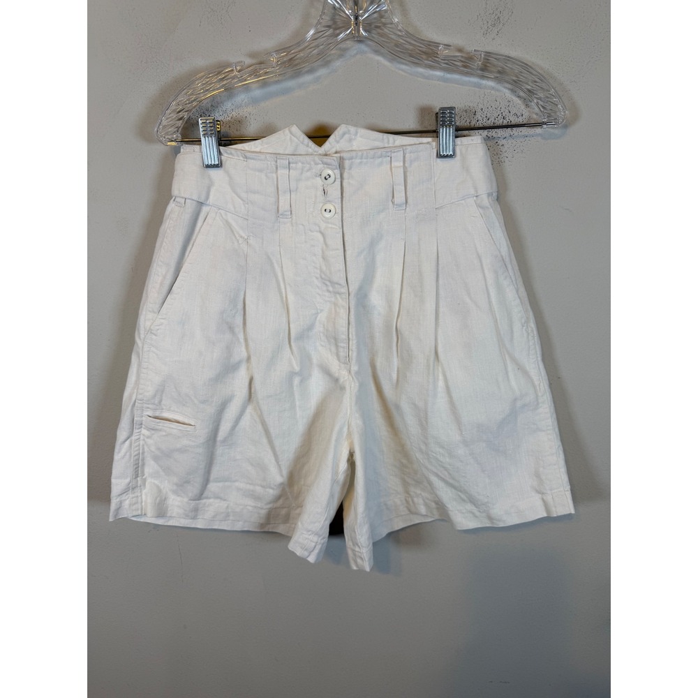 Womens Shorts High Waist Pleated Ramie Cotton White 9/10 Vintage